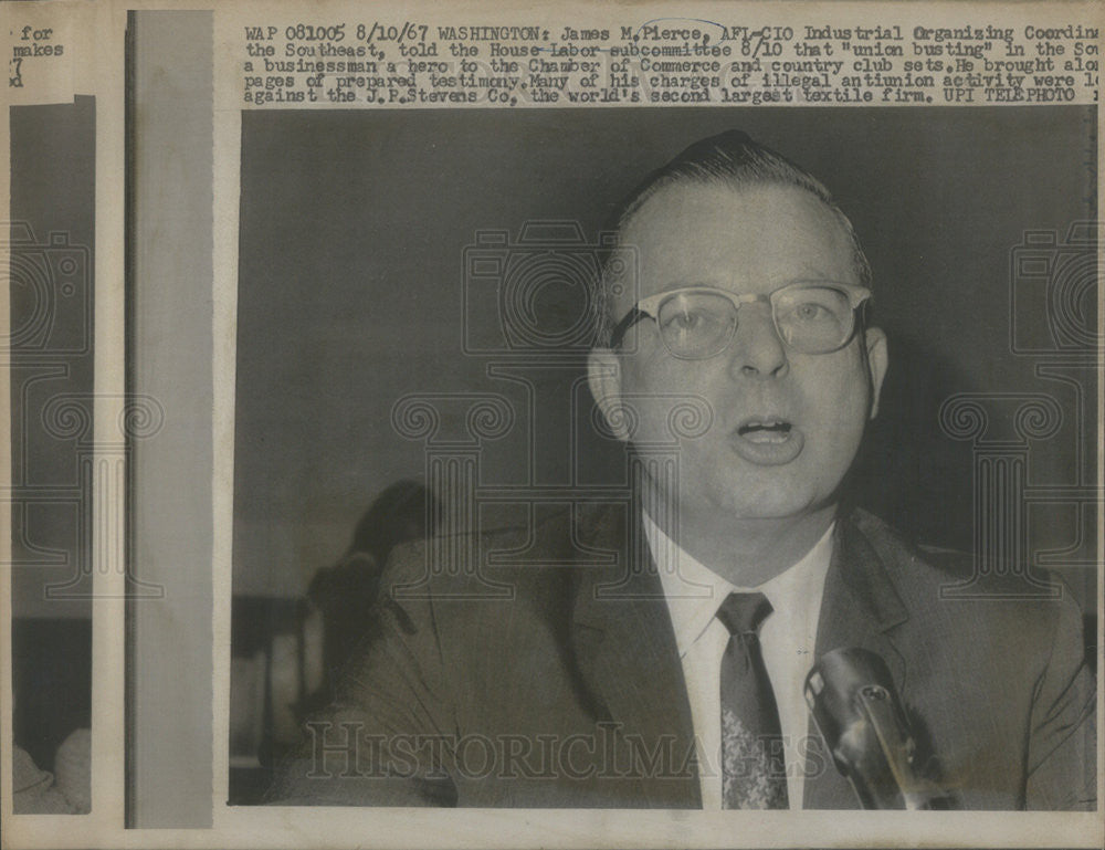 1967 Press Photo James M. Pierce AFL CIO Industrial Organizing Coordinator - Historic Images