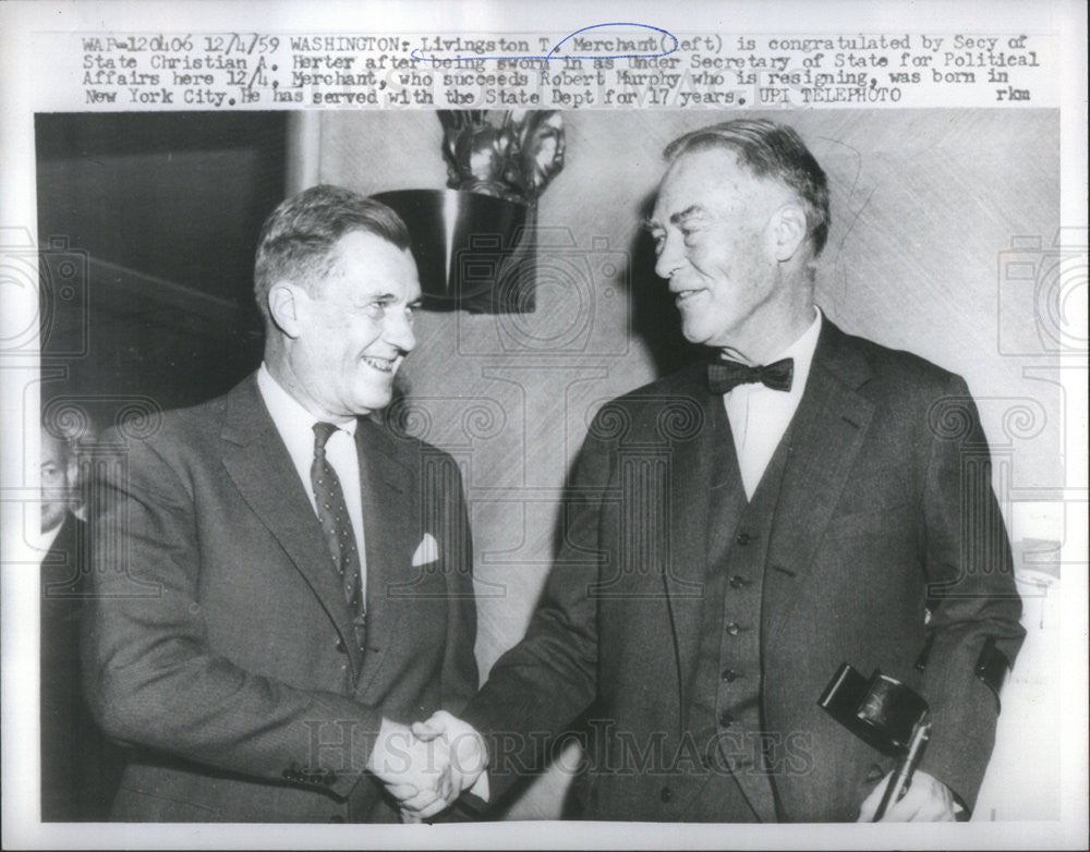 1959 Press Photo Livingston Merchant US ambassador to Canada w/ Sec State - Historic Images