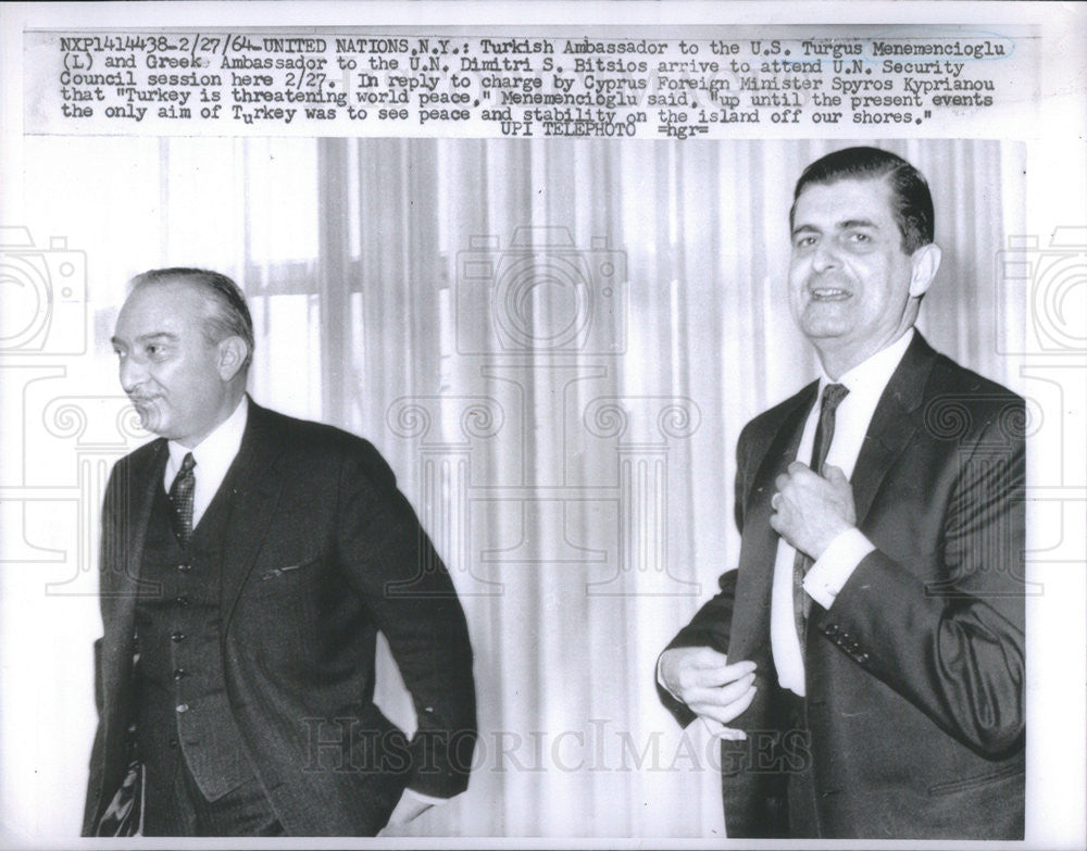 1964 Press Photo Turkish Amb.Turgut Menemencioglu, Greek Amb. Dimitri Bitsois - Historic Images