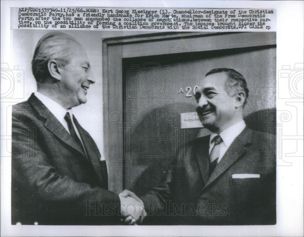 1966 Press Photo Kurt Georg Klesinger, Chancellor-designate, Erich Mende - Historic Images