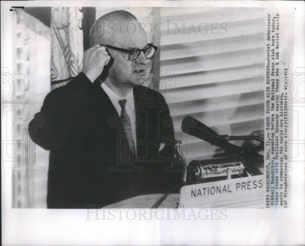 1961 Press Photo Soviet Amb Mikhail Menshikov speaking before National Press Club - Historic Images