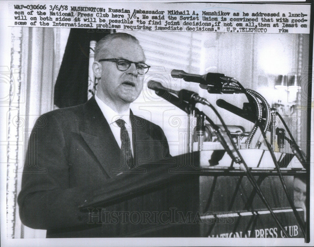 1958 Press Photo  Soviet Amb Mikhail Menshikov speaking before National Press Club - Historic Images