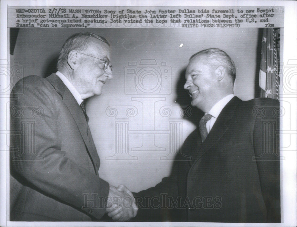 1958 Press Photo  Sec of State John Foster Dulles &amp; Soviet Amb Mikhail Menshikov - Historic Images