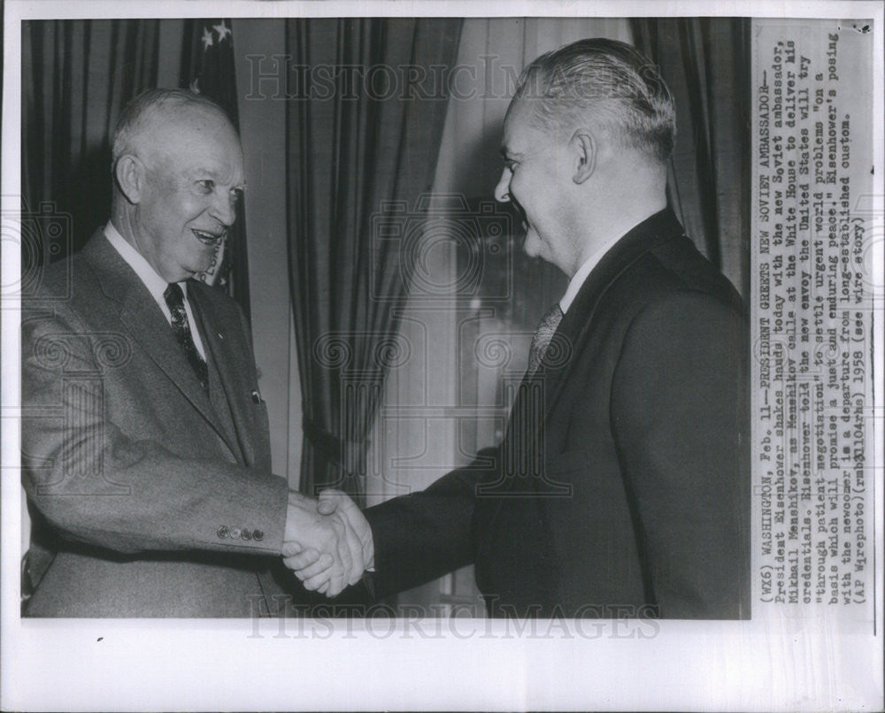 1958 Press Photo  Soviet Amb Mikhail Menshikov welcomed by Pres Eisenhower - Historic Images