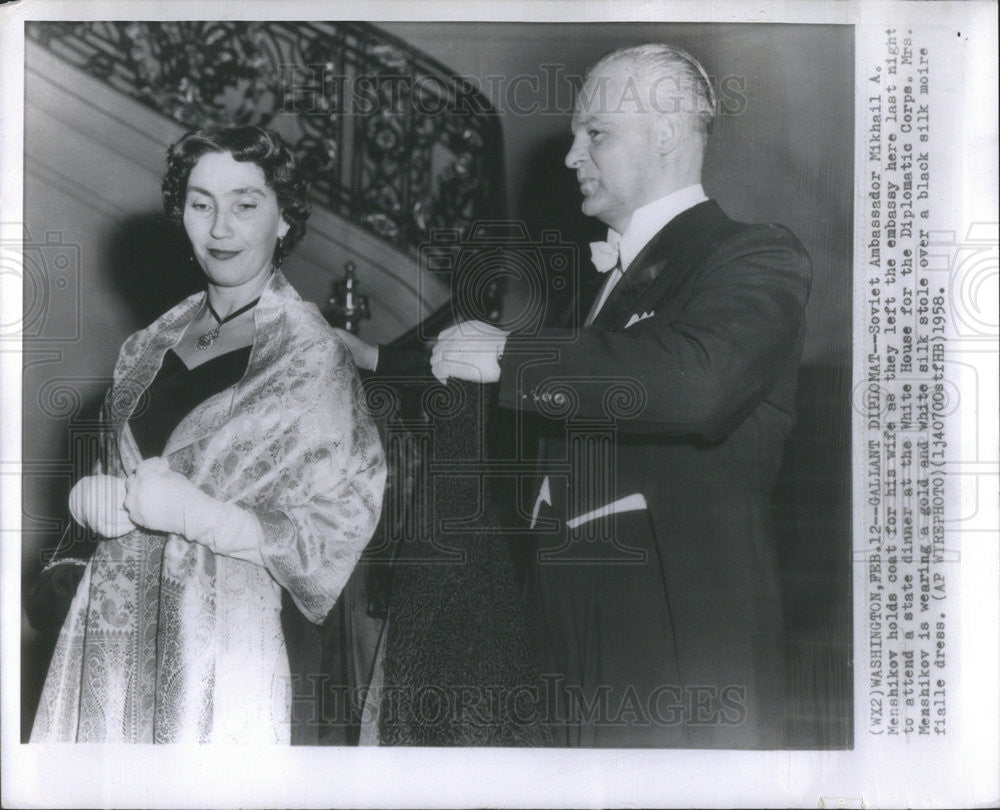 1958 Press Photo  Soviet Amb Mikhail Menshikov w/ wife at state dinner - Historic Images