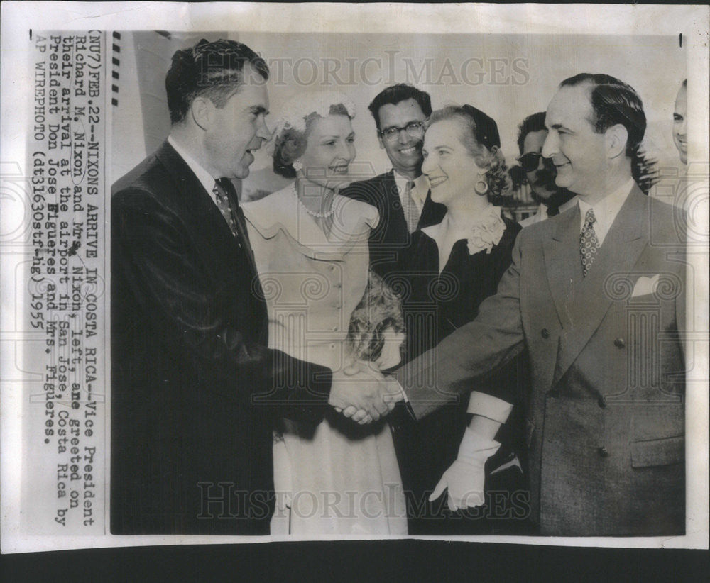 1955 Press Photo VP Nixon &amp; Mrs Nixon Arrive in Costa Rico Greeted by President - Historic Images