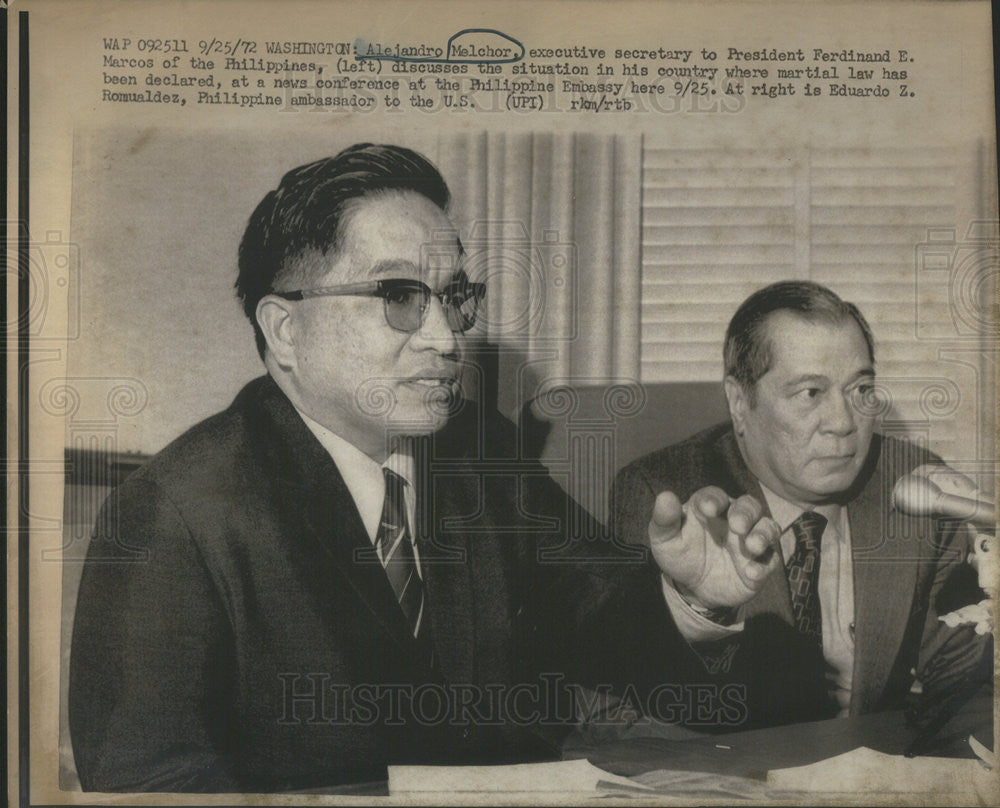 1972 Press Photo Alejandro Melchor Philippine President Ferdinand Marcos - Historic Images