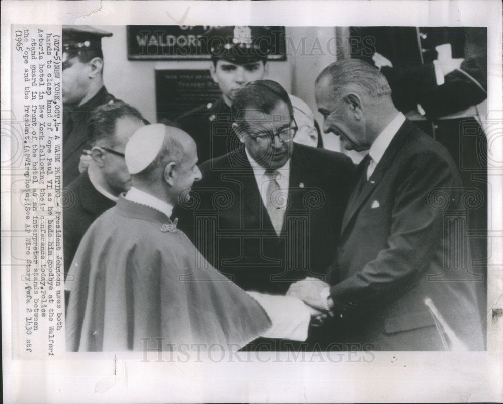 1965 Press Photo President Johnson Pope Paul VI Waldorf Astoria Hotel - Historic Images