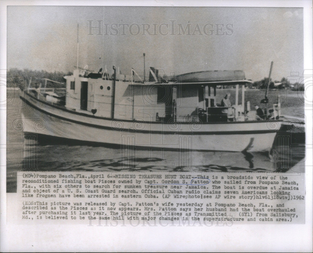 1962 Press Photo fishing boat Pisces owned Capt. Gordon Patton search treasure - Historic Images