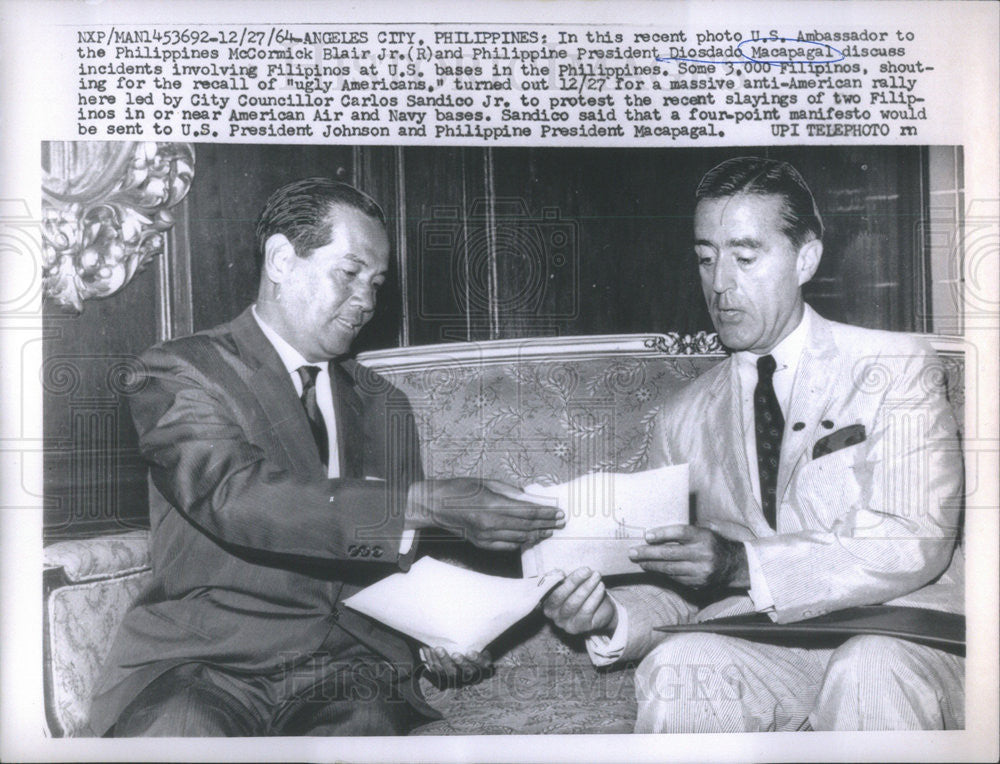 1964 Press Photo McCormick Blair Jr and Philippine President Diosdado Macapagal - Historic Images