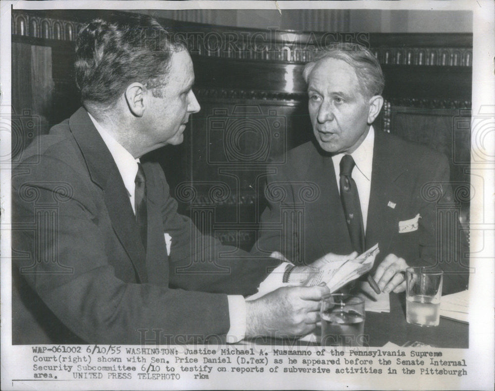 1955 Press Photo Justice Michael Mismanno w/ Sen Price Daniel before Senate - Historic Images