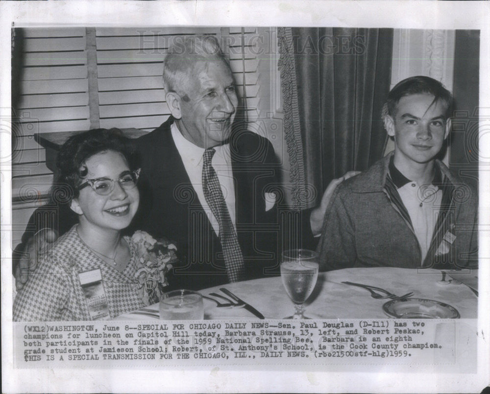 1959 Press Photo Sen. Paul Douglas Lunches With Barbara Strauss &amp; Robert Peskac - Historic Images