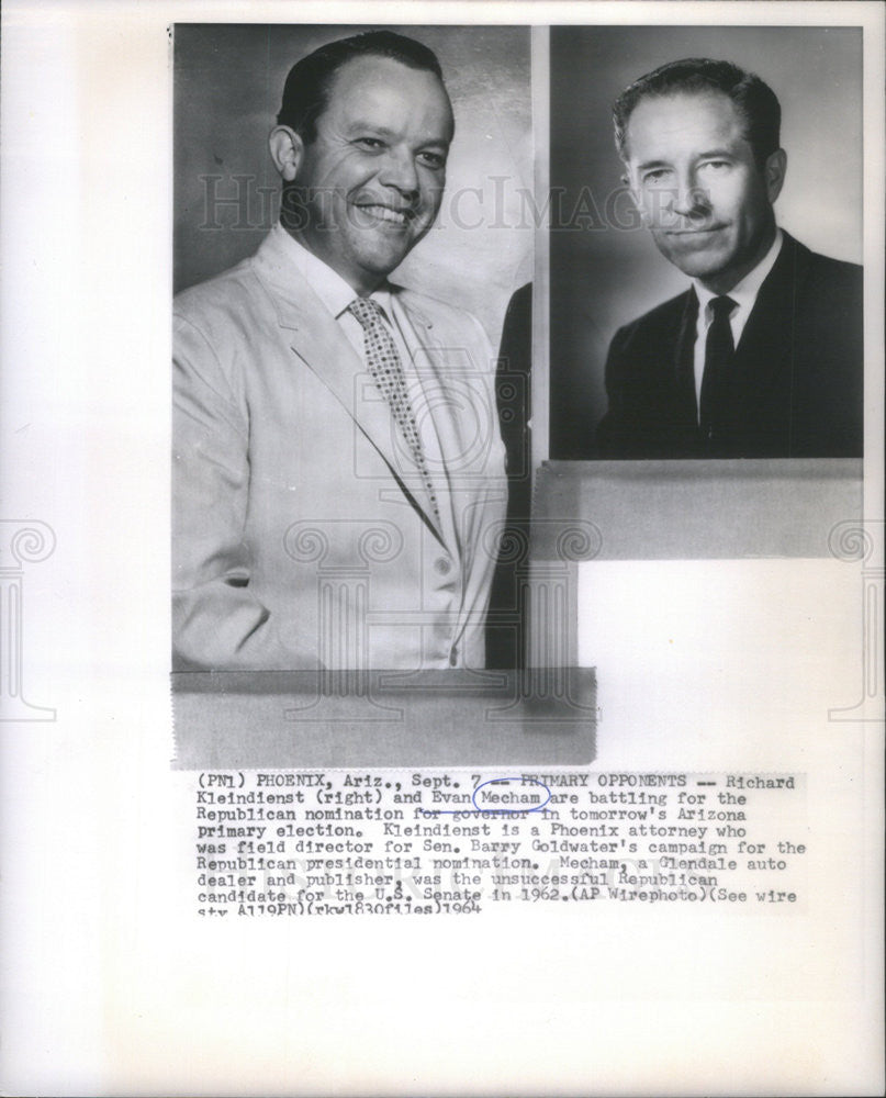 1964 Press Photo Richard Kleindienst And Evan Mecham Candidates Arizona Governor - Historic Images