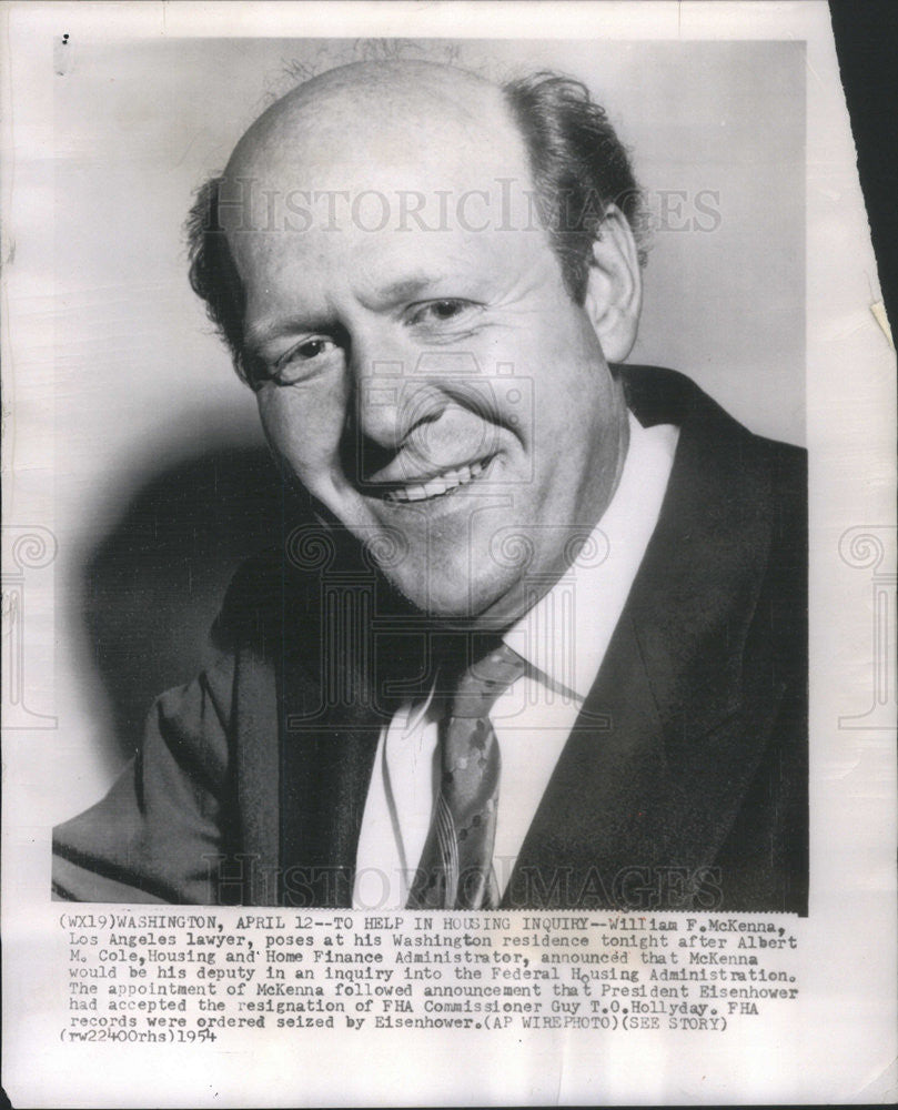 1954 Press Photo William F. McKenna, Deputy Federal housing - Historic Images