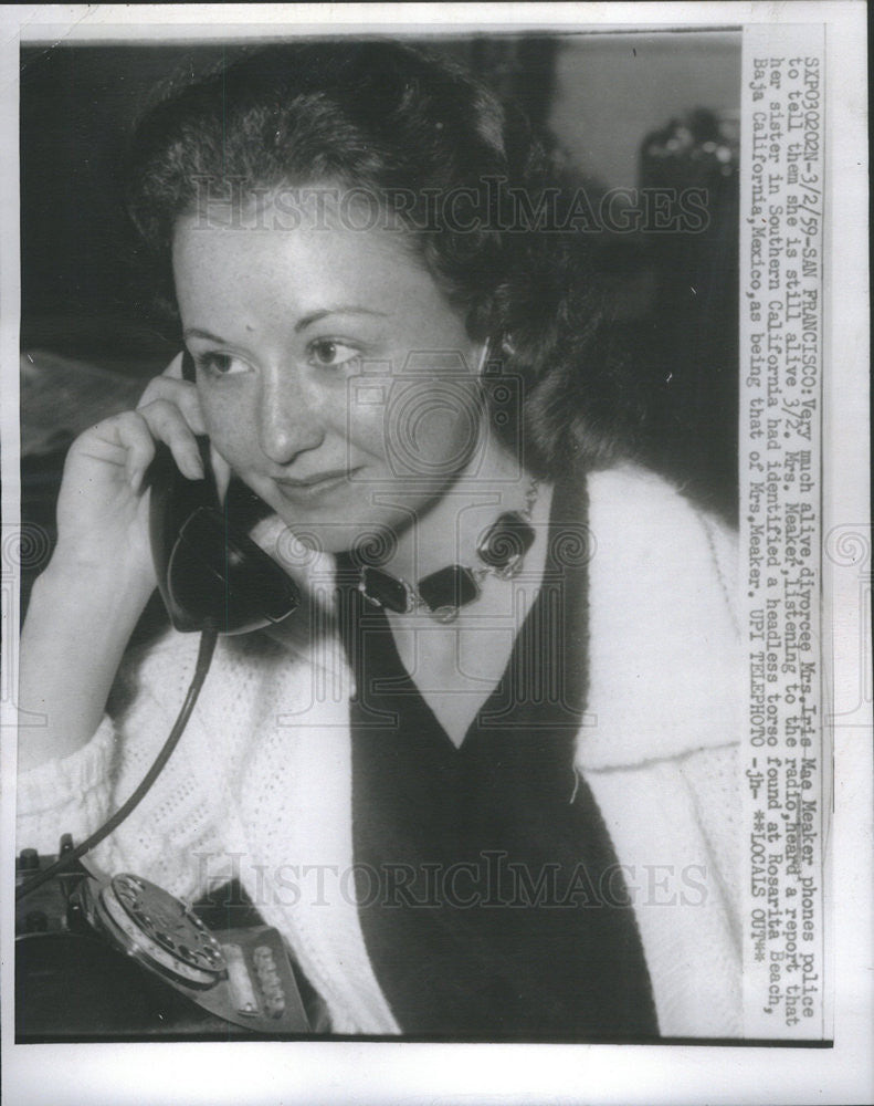 1959 Press Photo Mrs Iris Mae Meeker talks to sister to say body wasn&#39;t her - Historic Images