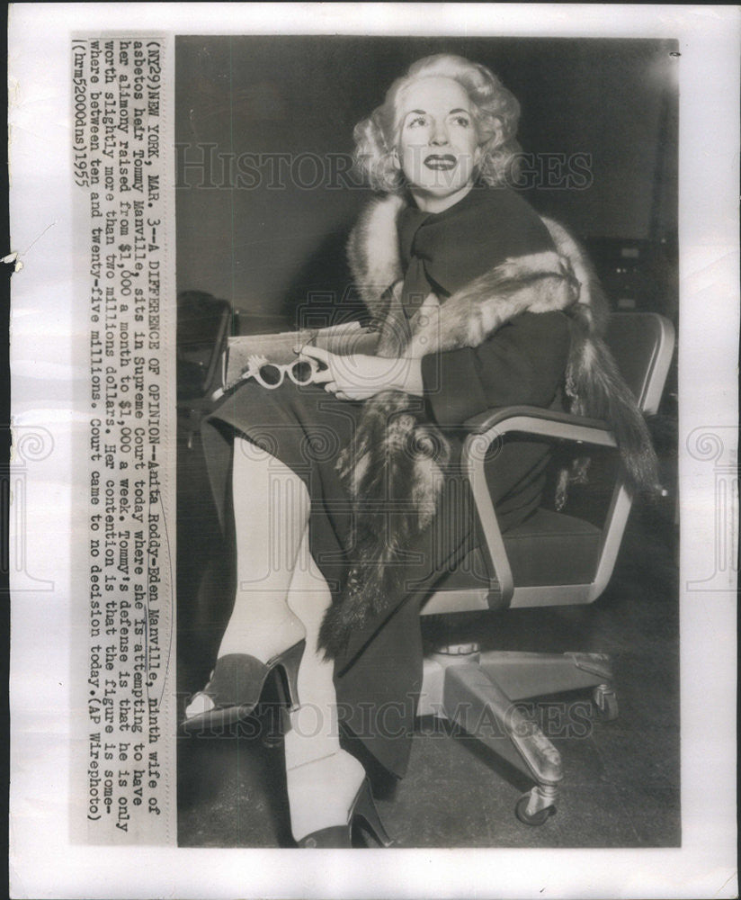 1955 Press Photo Anita Roddy Eden Manville Asbestos Heir&#39;s Wife - Historic Images