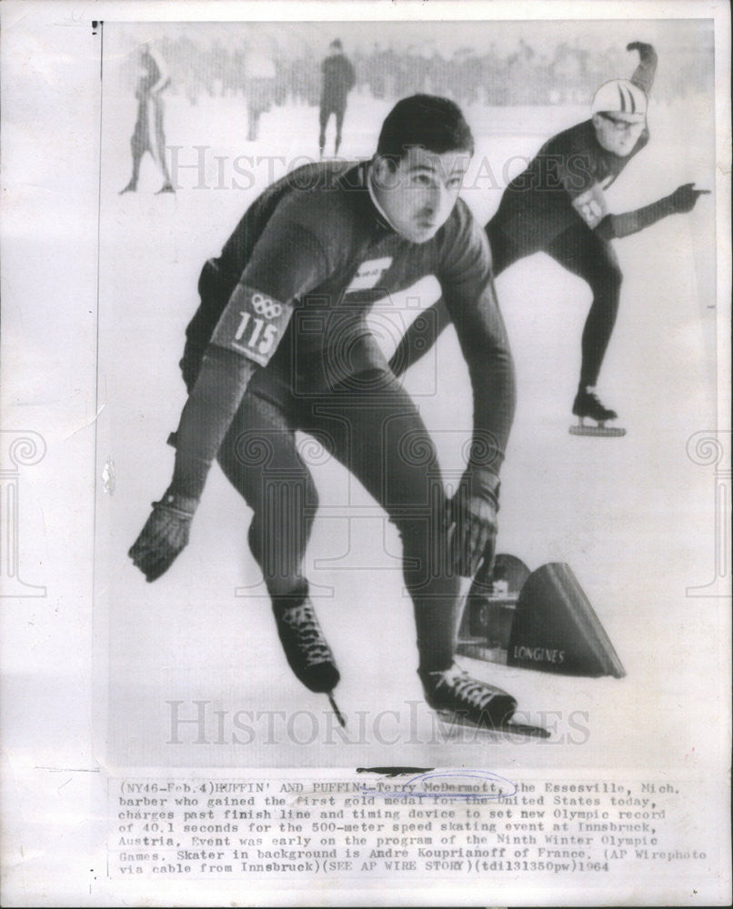 1964 Press Photo Terry McDermott, gold medalist in speed skating &amp; Andre - Historic Images