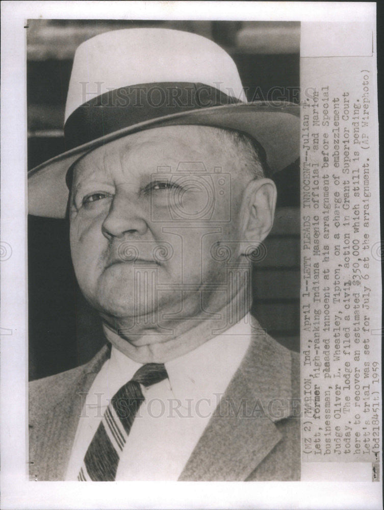 1959 Press Photo Julian T Lett,Ind Masonic official and Marion Businessman - Historic Images