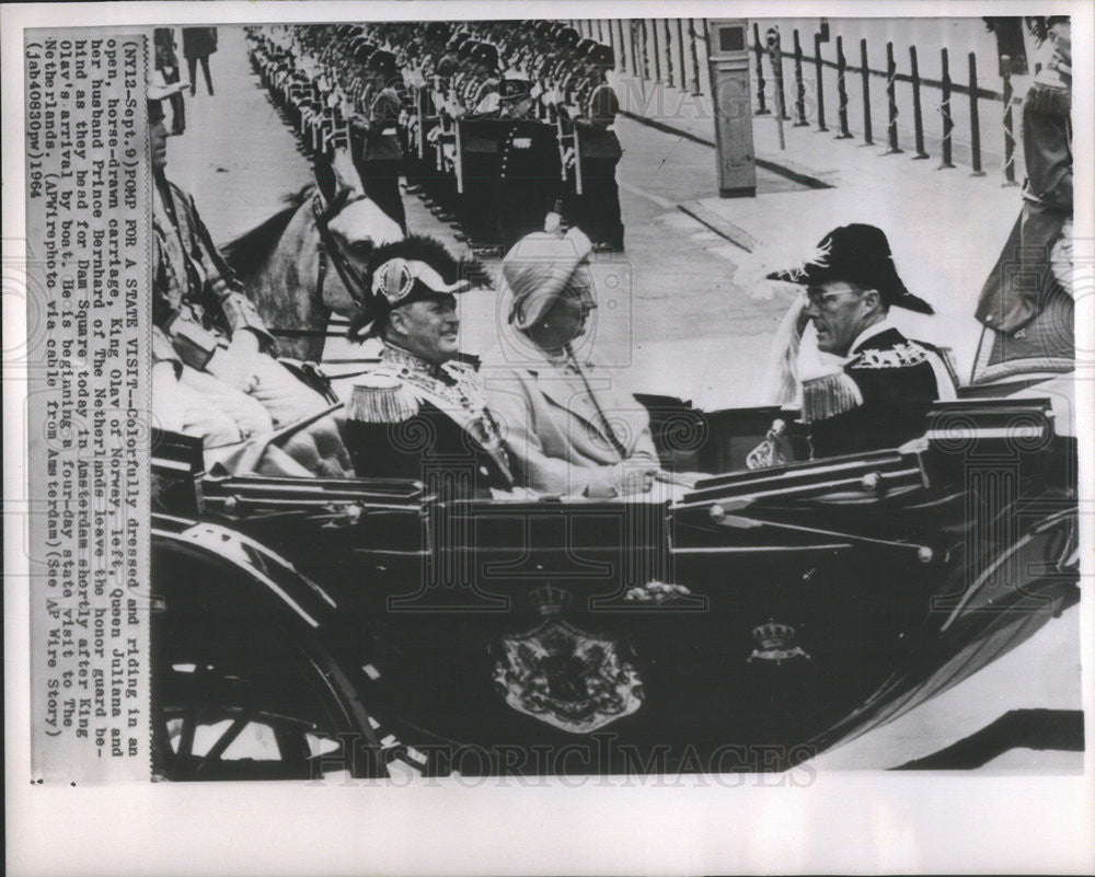 1964 Press Photo King Olav Norway Queen Juliana Prince Bernhard Netherlands - Historic Images