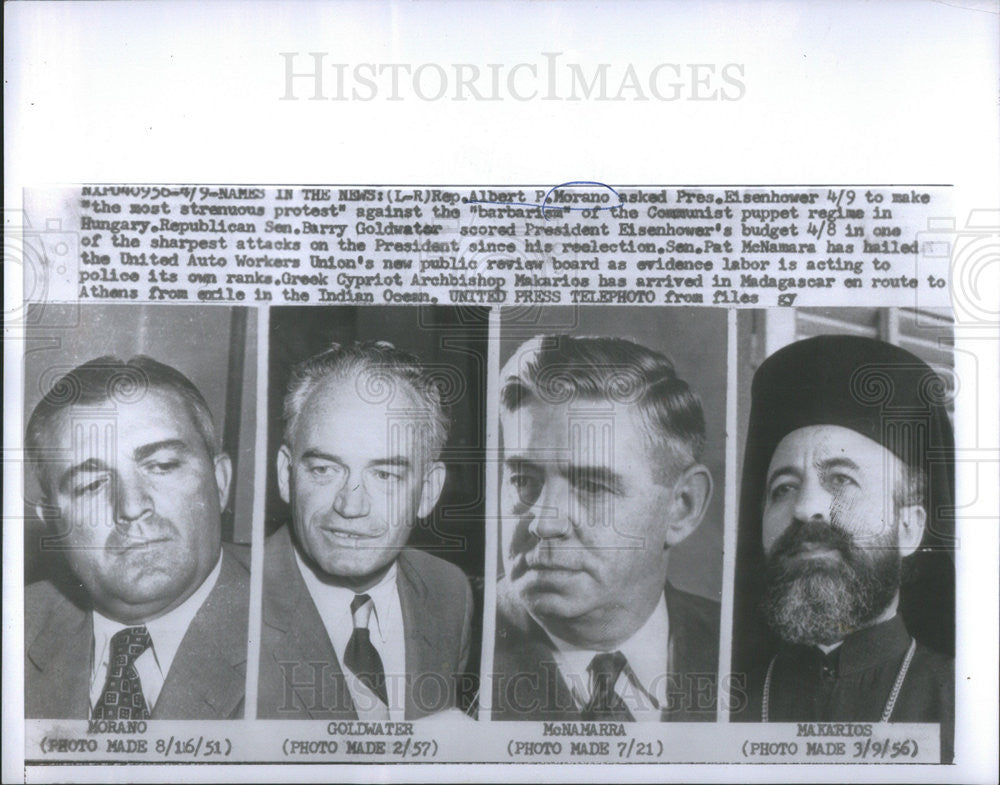 1957 Press Photo Albert Morano Barry Goldwater Pat McNamara Archbishop Makarios - Historic Images