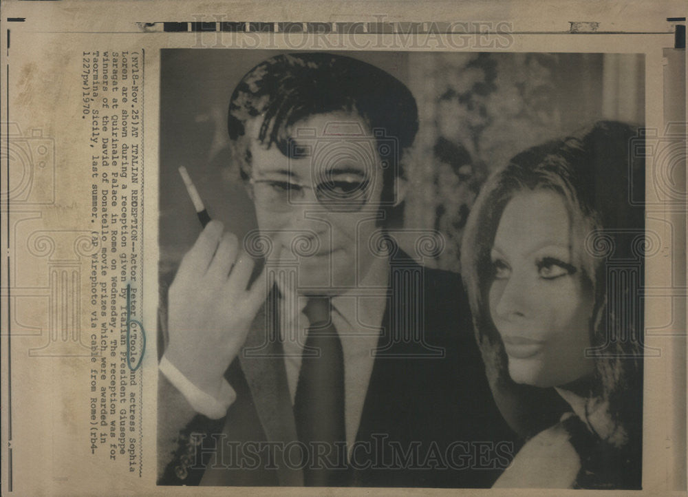 1970 Press Photo Peter O&#39;Toole Sophia Loren Italian President Giuseppe Saragat - Historic Images