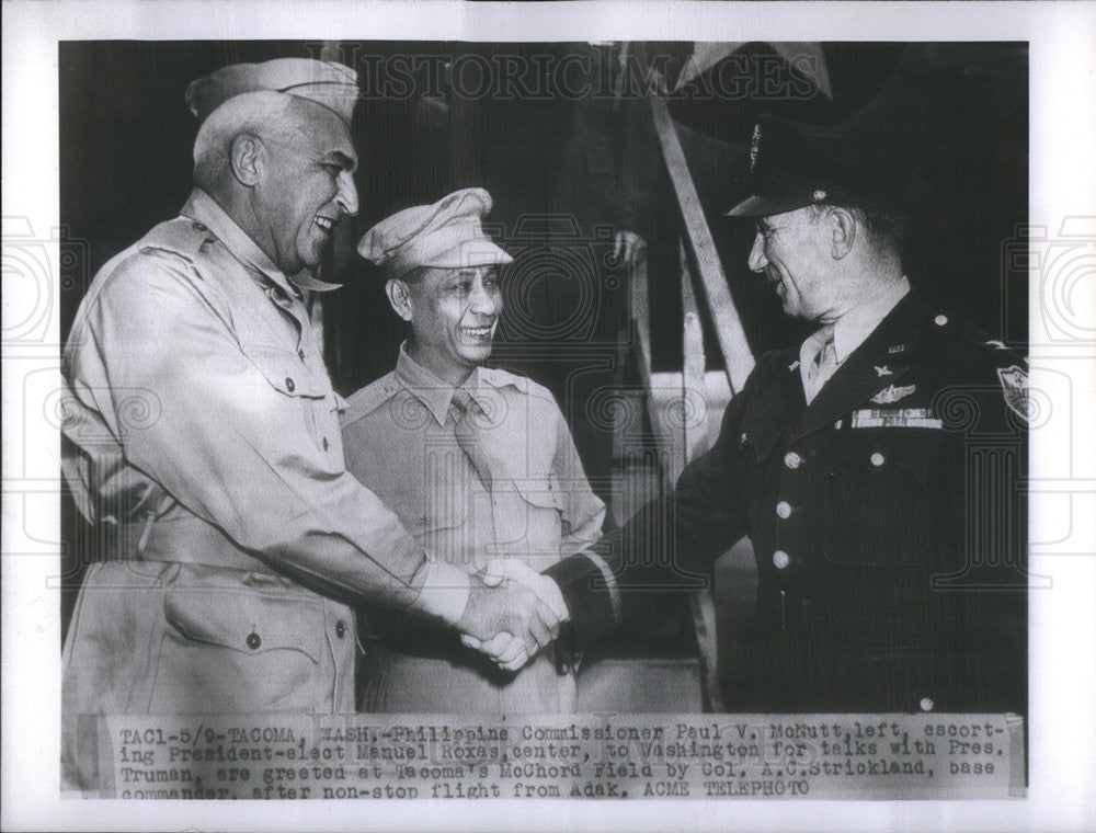 1947 Press Photo Philippine Comm Paul McNutt With Manuel Roxas In Washington - Historic Images