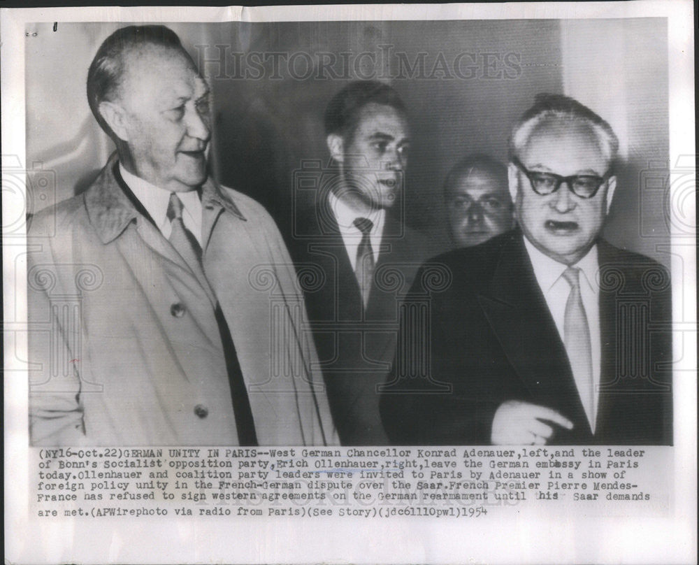 1954 Press Photo West German Chancellor Adenauer Socialist Leader Ollenhauer - Historic Images