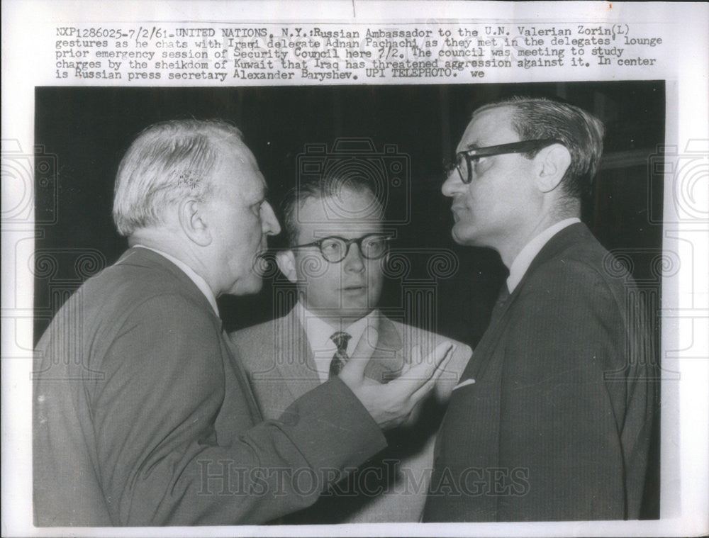 1961 Press Photo Valerian Zorin, Adnan Pachachi - Historic Images