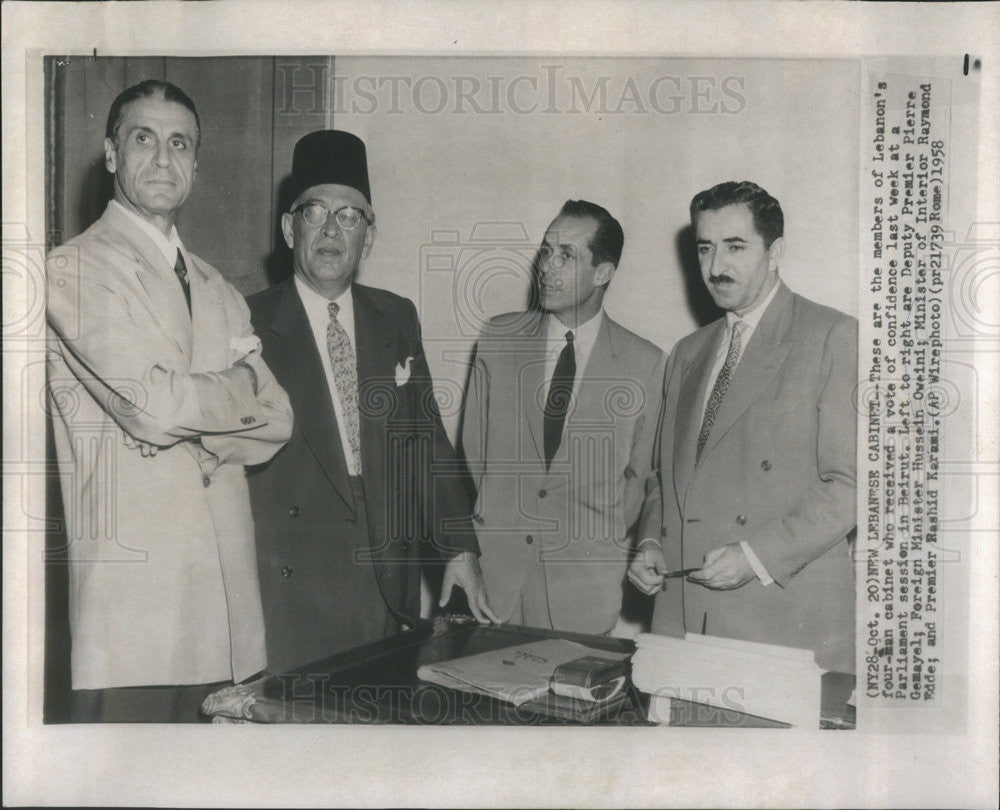 1958 Press Photo Pierre Gemayel Hussein Oweini Raymond Edde &amp; Rashid Karami - Historic Images