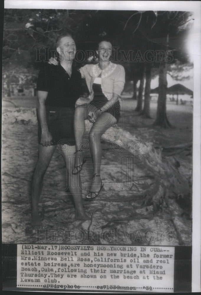 1951 Press Photo Elliott Roosevelt and new wife Ninnewa Bell Ross honeymooning - Historic Images