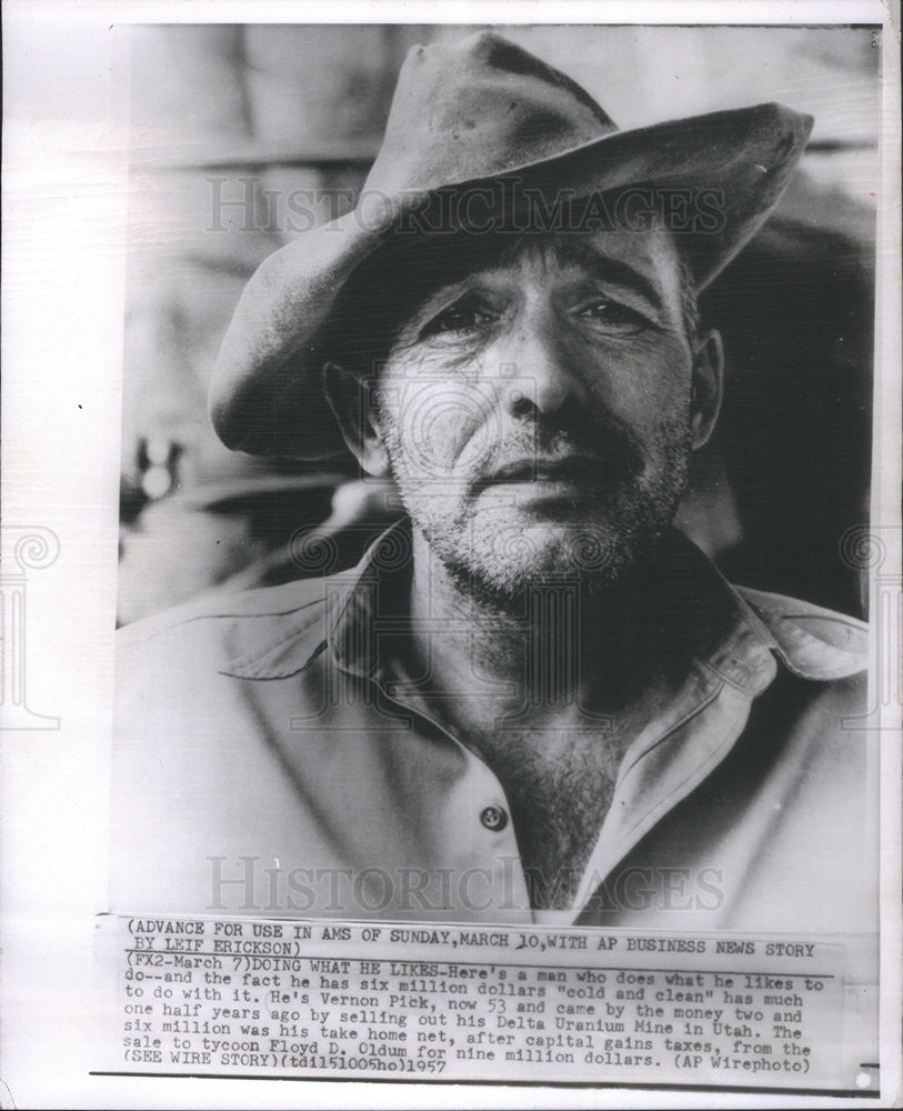 1957 Press Photo Vernon Pick Sells Delta Uranium Mine - Historic Images