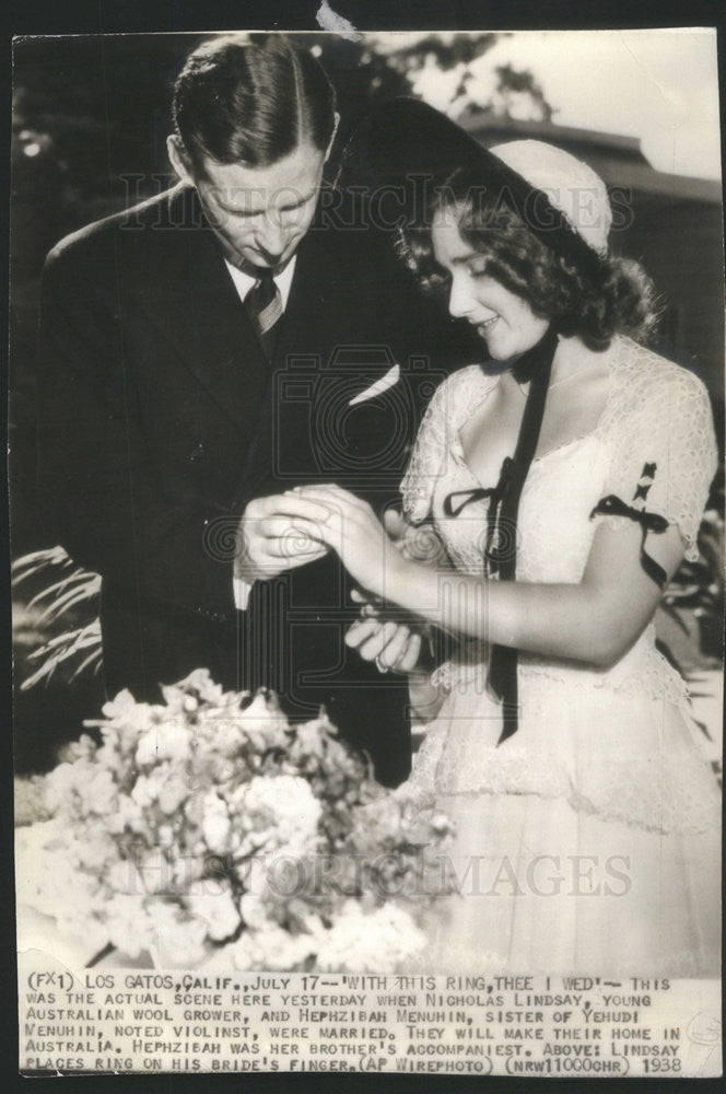 1938 Press Photo Nicholas Lindsay Marries Hephzibah Menuhin - Historic Images