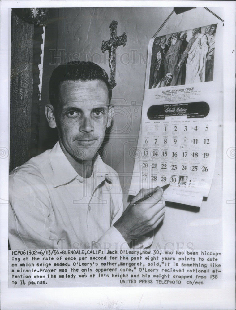 1956 Press Photo Jack O&#39;Leary has had hiccups for 8 yrs - Historic Images