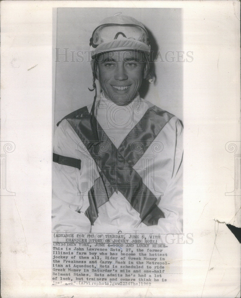 1962 Press Photo Jockey John Lawrence Rotz - Historic Images