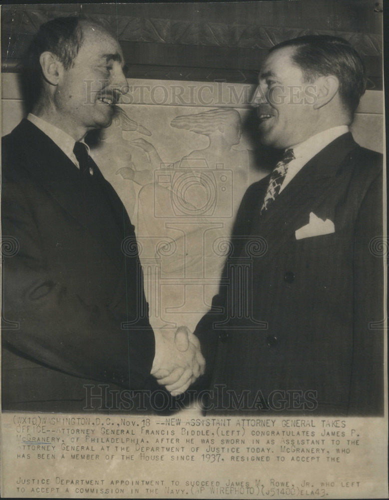 1943 Press Photo Attorney General Francis Biddle Shakes Hands New Assistant - Historic Images