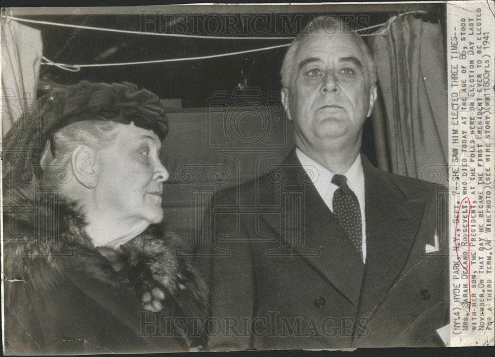 1941 Press Photo Mrs Sarah Delano Roosevelt 86 and son The President - Historic Images