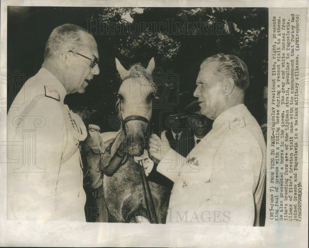 1954 Press Photo Yugoslav Pres Tito with King Paul of Greece with a Riding Horse - Historic Images