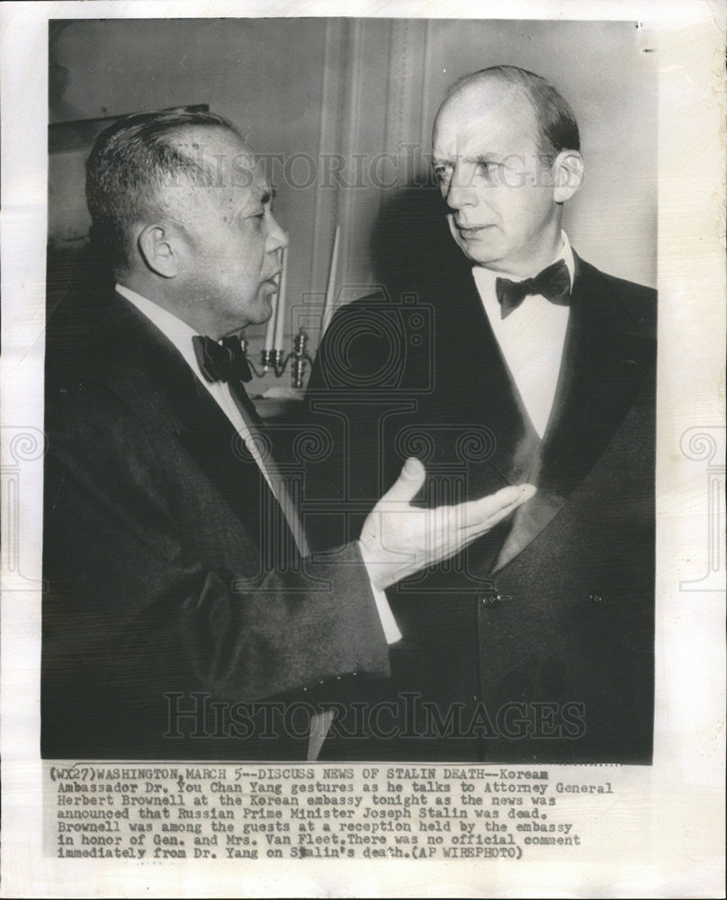 1957 Press Photo Korean Amb You Chan Yang w/ Atty Gen Herbert Brownwell - Historic Images