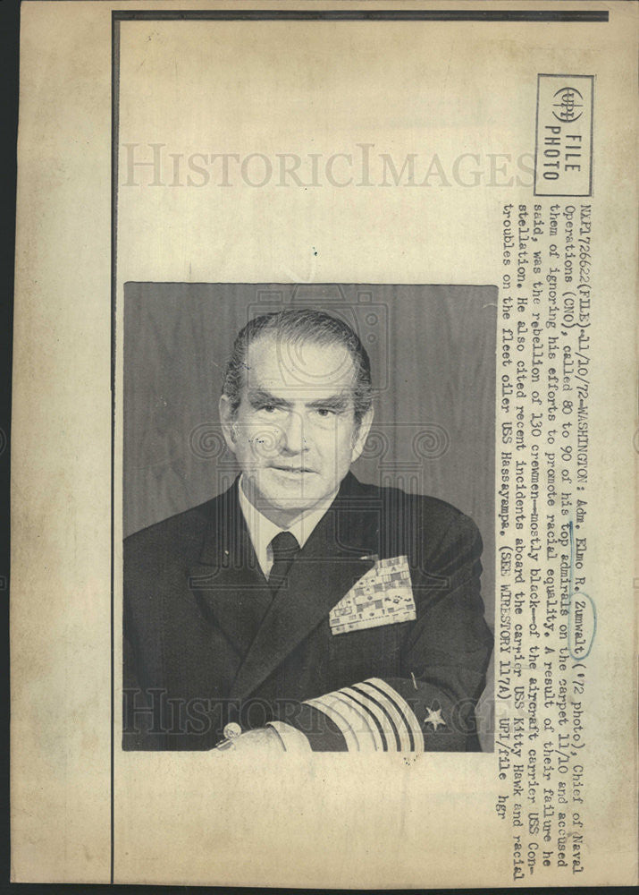 1972 Press Photo Adm Elmo Zuwalt Chief of Naval Operations accused of racism - Historic Images