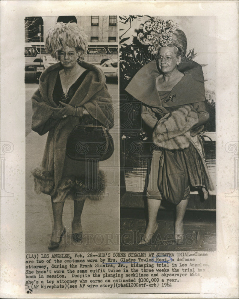 1964 Press Photo Mrs Gladys Towles Root witness to the Frank Sinatra Jr Case - Historic Images