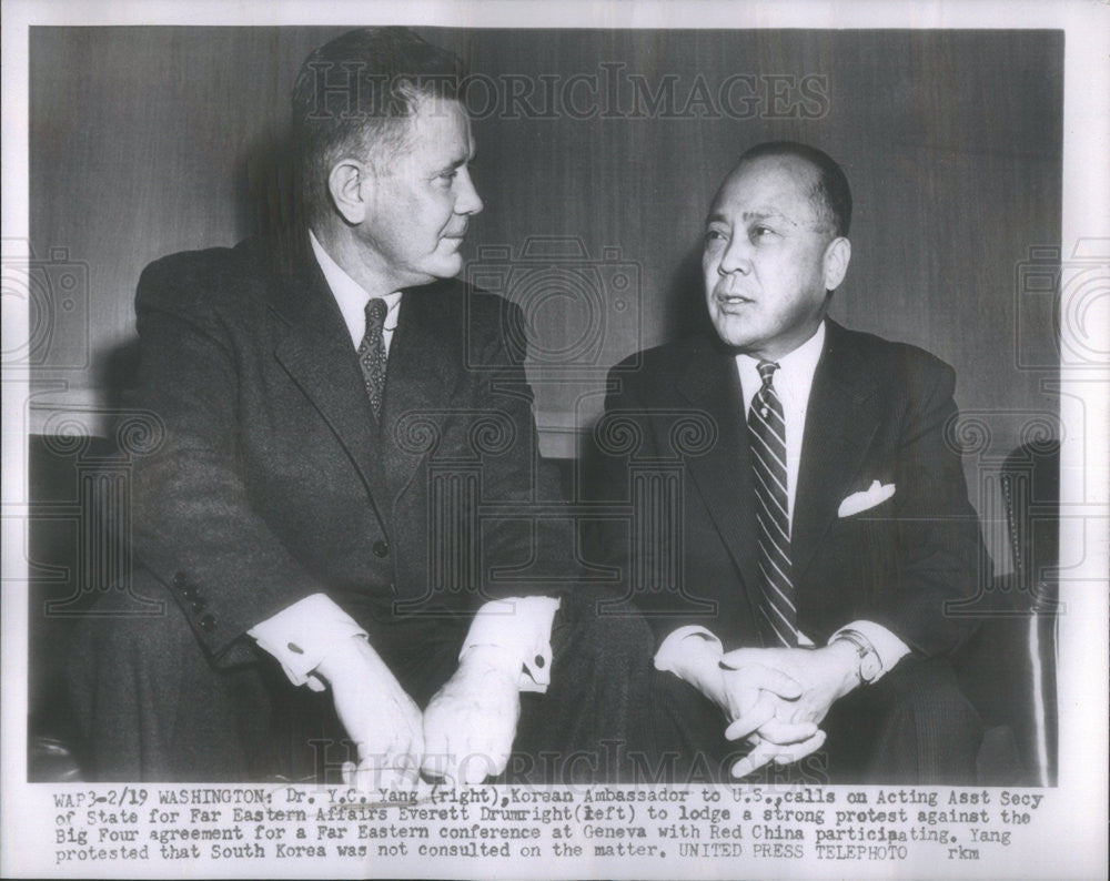 1954 Press Photo Korean Ambassador Dr YC Yang State Secretary Everett Drumright - Historic Images