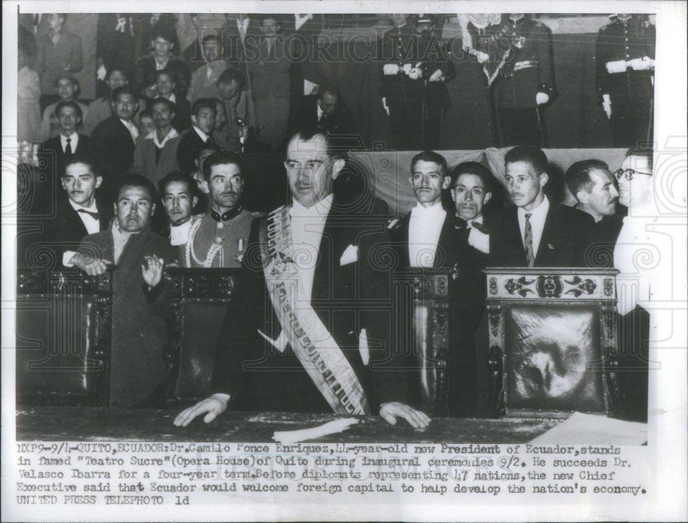 1956 Press Photo President of Ecuador Dr Camilo Ponce Enriquez, Teatro Sucre - Historic Images