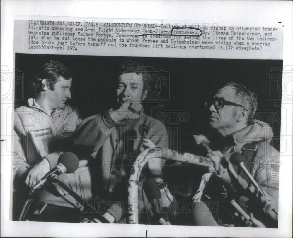 1974 Press Photo Balloonists Jean Pommereau, Dr Heinsheimer &amp; Malcom Forbes - Historic Images