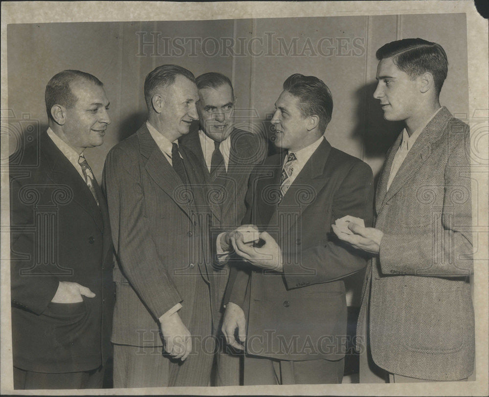 1948 Press Photo Francis J Powers Presents 1946 All American Gold Footballs - Historic Images