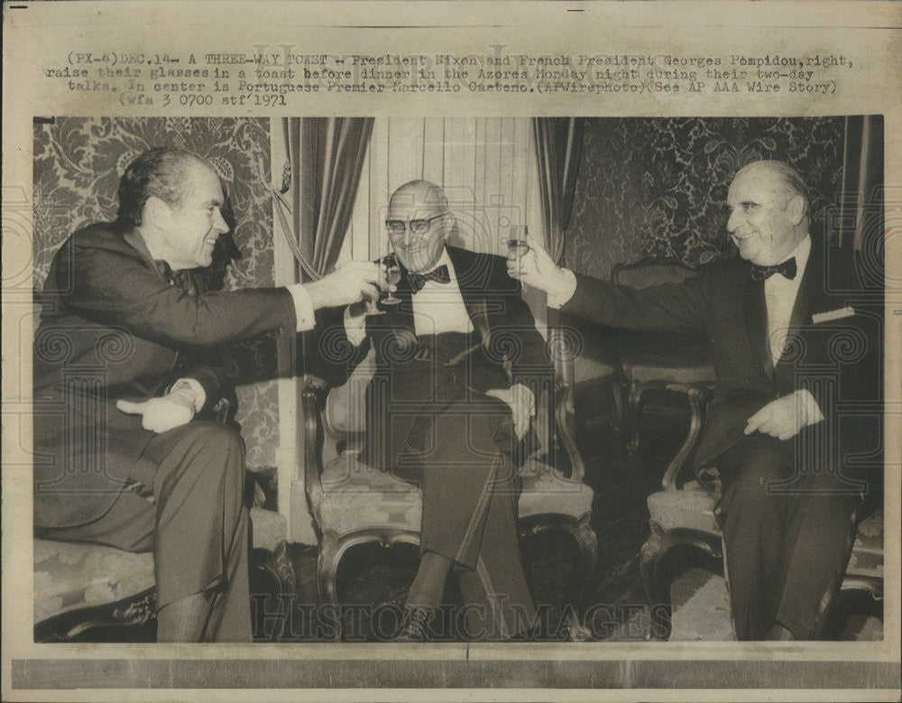 1971 Press Photo French Pres Pompidou, Pres Nixon &amp; Portugese Premier Caeteno - Historic Images