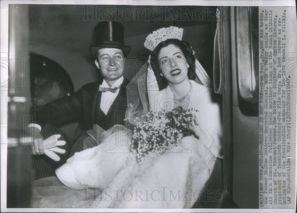 1947 Press Photo Oren Root Junior Bride Daphne Dolores Mercedes Skouras Daughter - Historic Images