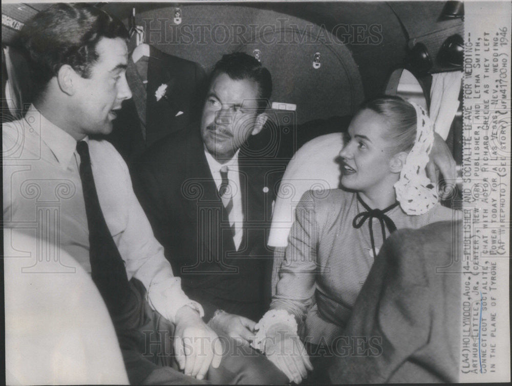 1946 Press Photo Arthur Little Jr &amp; Letha Smith chat w/ actor Richard Greene - Historic Images