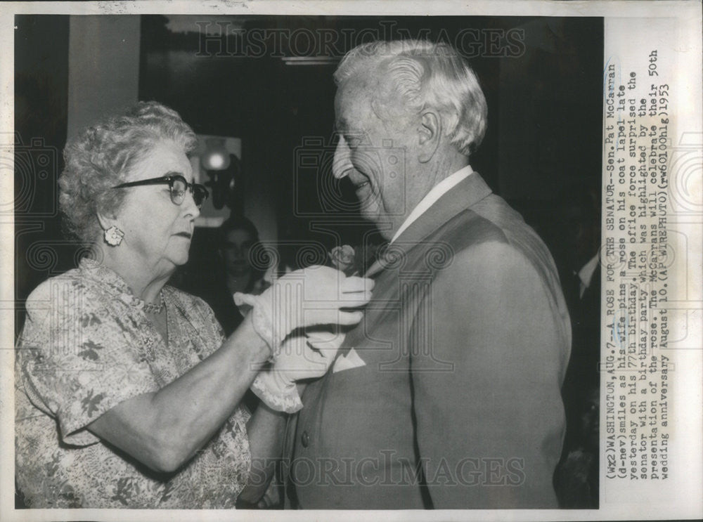 1953 Press Photo Senator Pat McCarran Wife 77th Birthday Washington D.C. - Historic Images