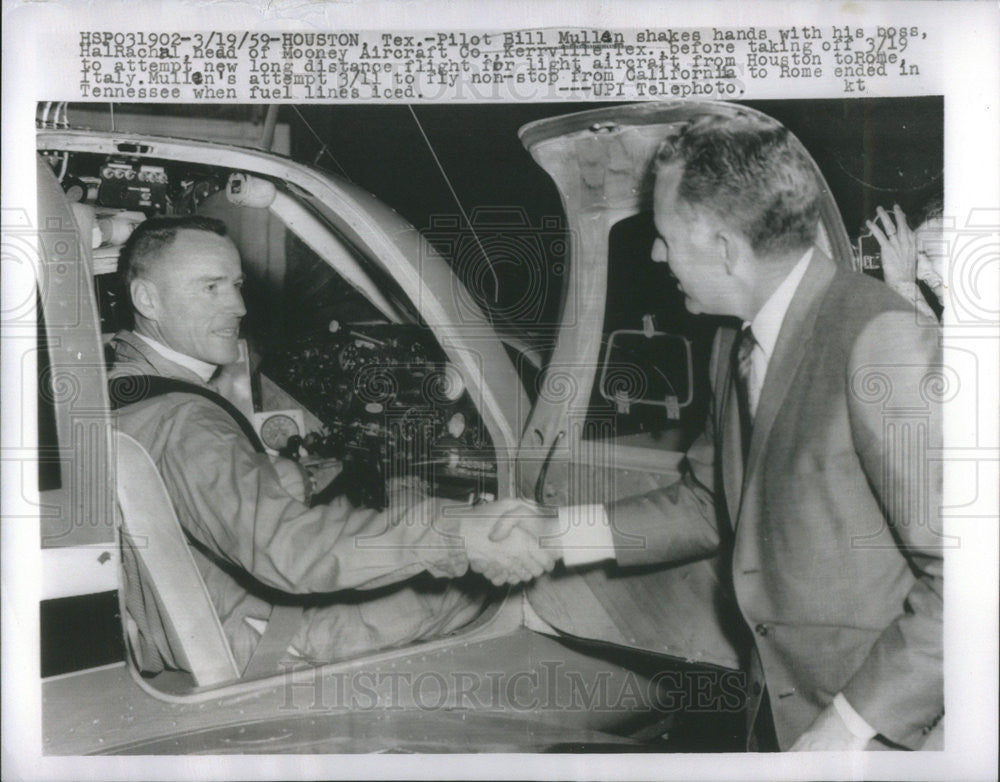 1959 Press Photo Bill Mullen Pilot Hal Rachel Mooney Aircraft Company - Historic Images