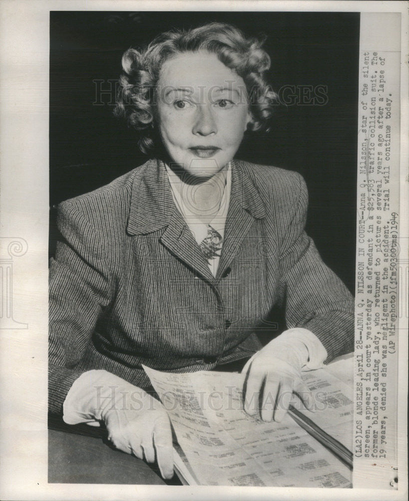 1949 Press Photo Anna Q. Nilsson Silent Film Actress Court Traffic Accident - Historic Images